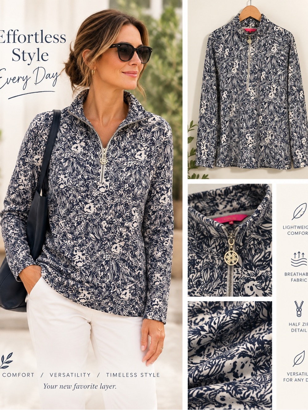Lilly Pulitzer Navy Floral Half-Zip Pullover